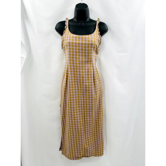 Milk It Bandit Purple Gold Gingham Plaid Ruffle Open Back Midi Dress - Picture 3 of 9
